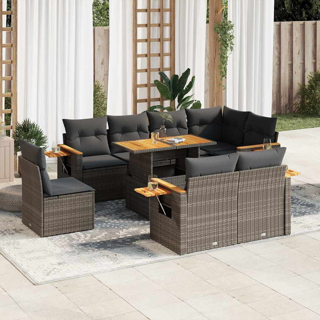 Set Divano da Giardino 9pz con Cuscini Grigio Polyrattan Acacia | homemem39