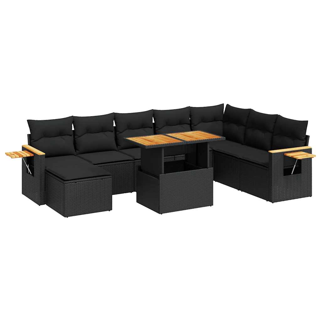 Set Divani da Giardino 9 pz con Cuscini Nero Polyrattan Acacia | homemem39