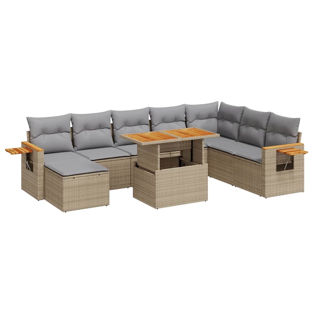 Set Divano da Giardino 9 pz con Cuscini Beige Polyrattan Acacia | homemem39