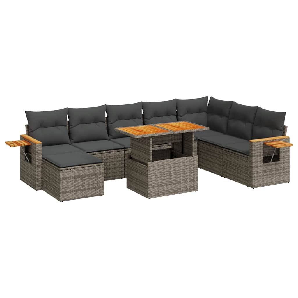 Set Divano da Giardino 9pz con Cuscini Grigio Polyrattan Acacia