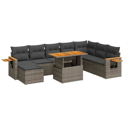 Set Divano da Giardino 9pz con Cuscini Grigio Polyrattan Acacia