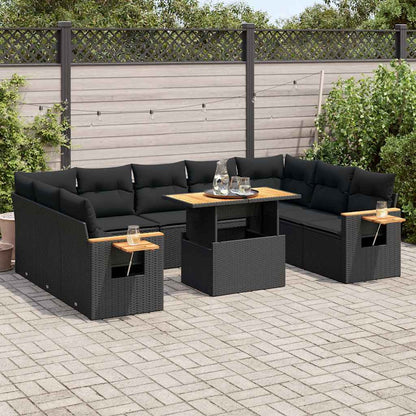 Set Divani Giardino 10pz con Cuscini Nero in Polyrattan Acacia | homemem39