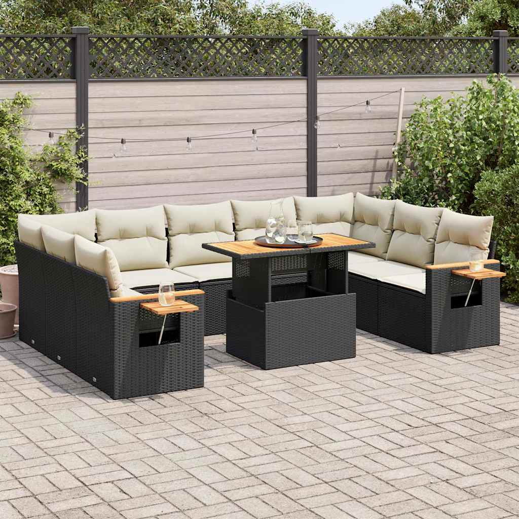 Set Divani Giardino 10pz con Cuscini Nero in Polyrattan Acacia | homemem39