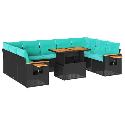 Set Divani Giardino 10pz con Cuscini Nero in Polyrattan Acacia | homemem39