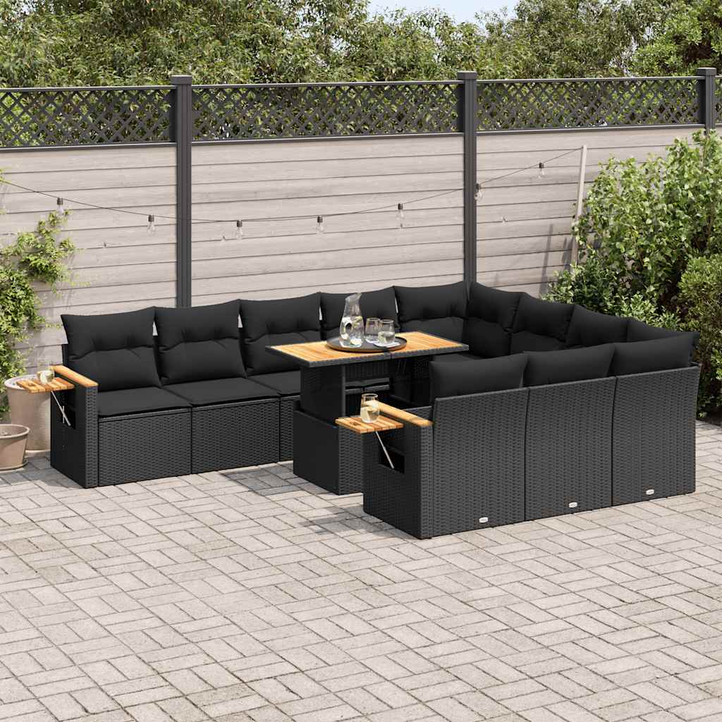 Set Divani da Giardino 11 pz con Cuscini Polyrattan Acacia Nero | homemem39