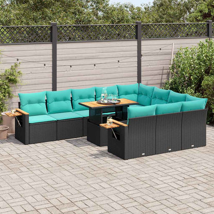 Set Divani da Giardino 11 pz con Cuscini Polyrattan Acacia Nero | homemem39