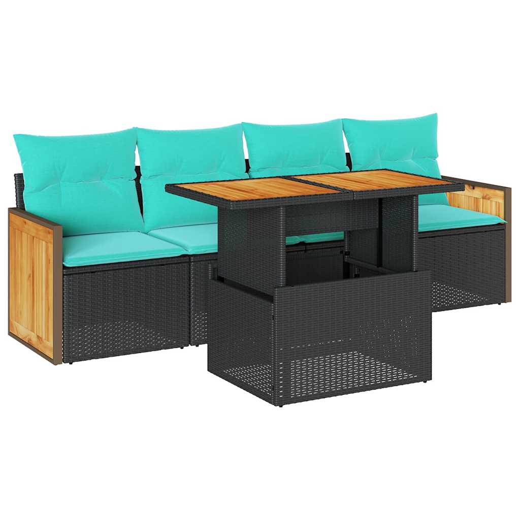 Set Divani da Giardino 5 pz con Cuscini Nero Polyrattan Acacia | homemem39