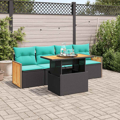 Set Divani da Giardino 5 pz con Cuscini Nero Polyrattan Acacia | homemem39