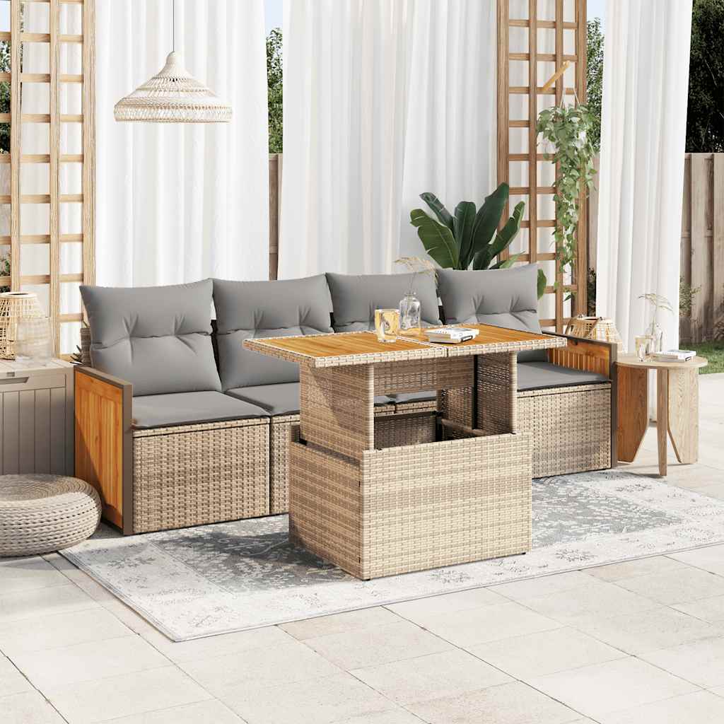 Set Divano da Giardino 5 pz con Cuscini Beige Polyrattan Acacia | homemem39