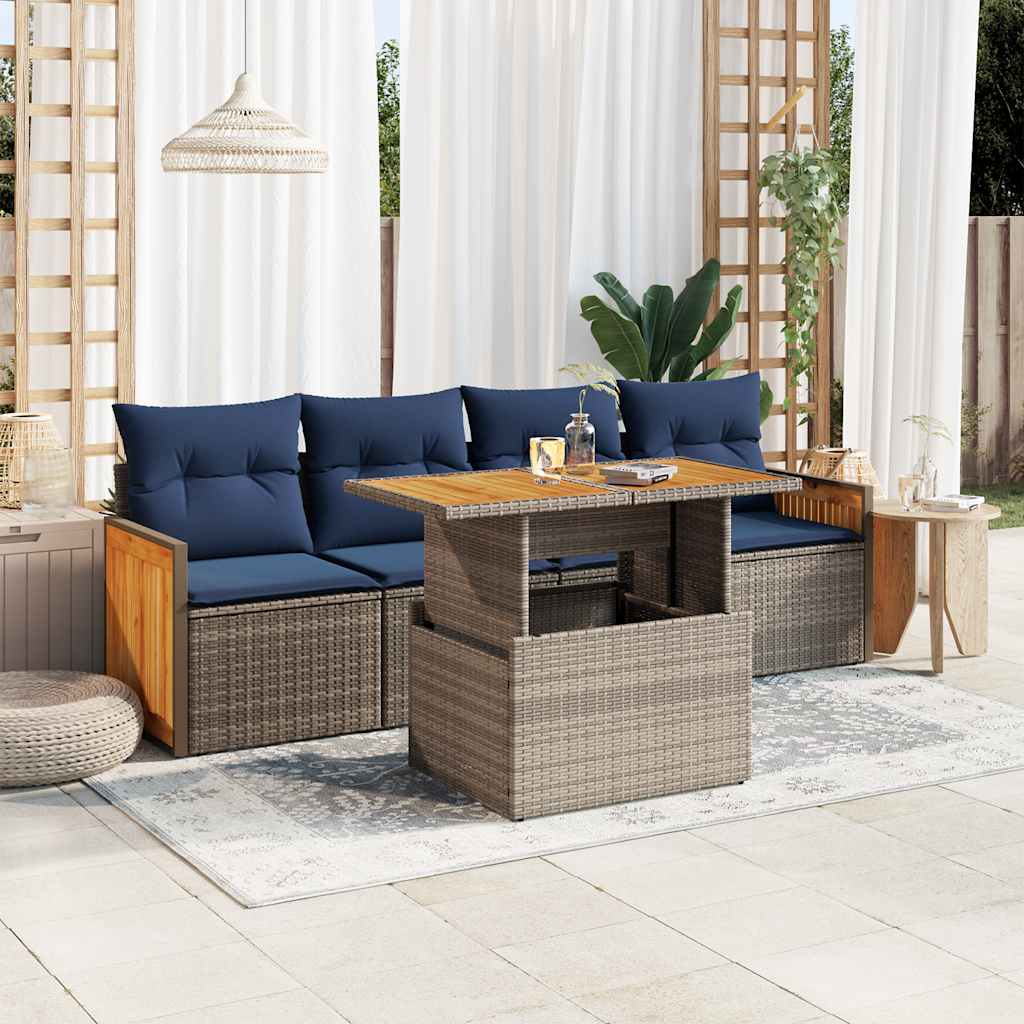 Set Divano Giardino 5 pz con Cuscini Grigio Polyrattan Acacia | homemem39