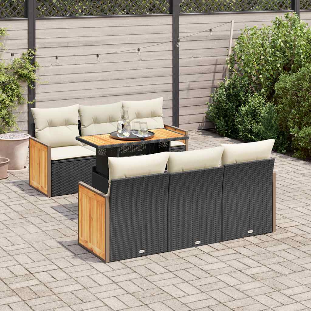 Set Divani da Giardino con Cuscini 7pz Nero Polyrattan Acacia | homemem39