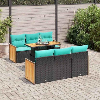 Set Divani da Giardino con Cuscini 7pz Nero Polyrattan Acacia | homemem39