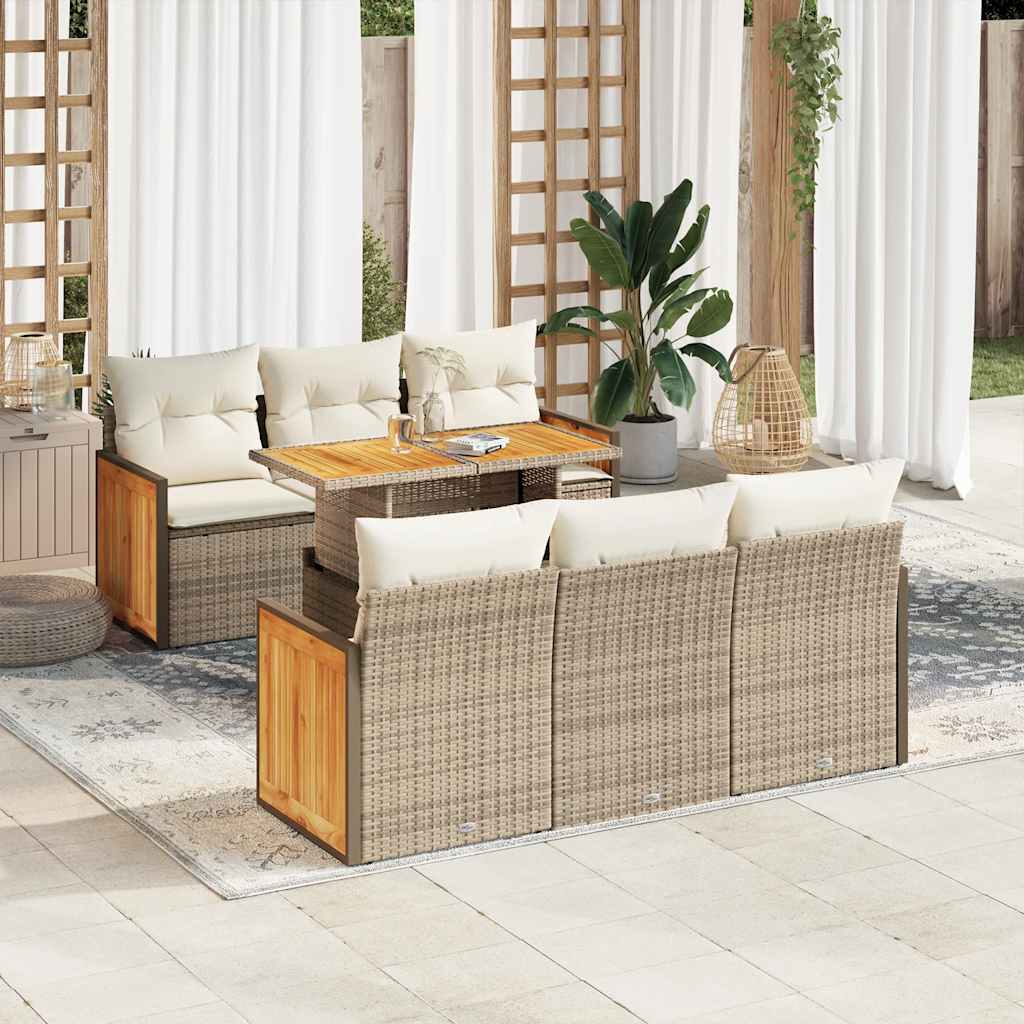 Set Divani da Giardino 7 pz con Cuscini Beige Polyrattan Acacia - homemem39