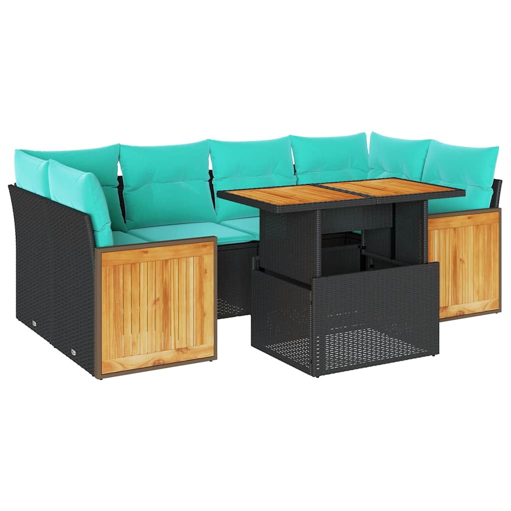 Set Divani da Giardino con Cuscini 7pz Nero Polyrattan Acacia | homemem39