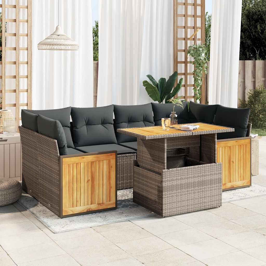 Set Divani da Giardino 7pz con Cuscini Grigio Polyrattan Acacia | homemem39