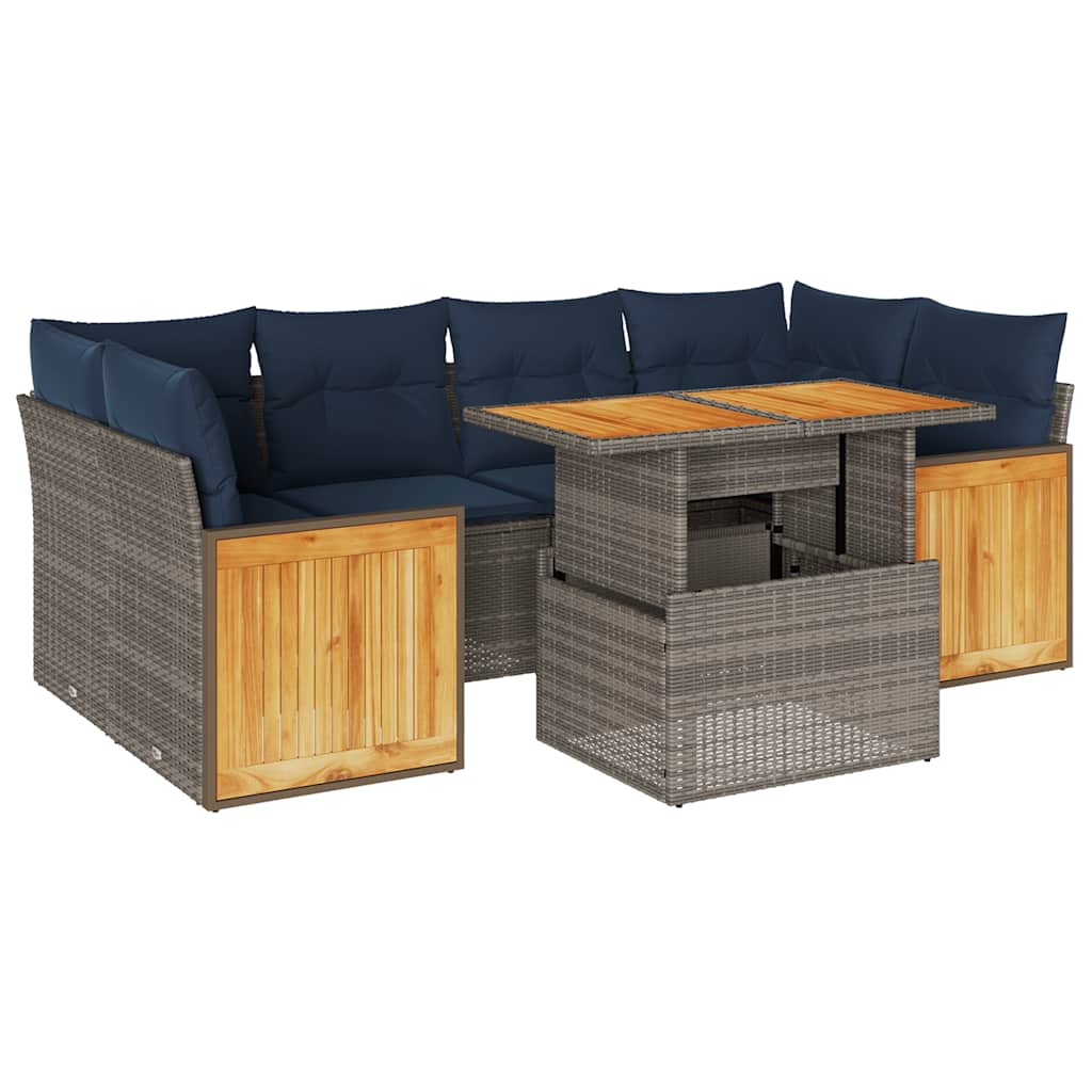 Set Divani da Giardino 7pz con Cuscini Grigio Polyrattan Acacia