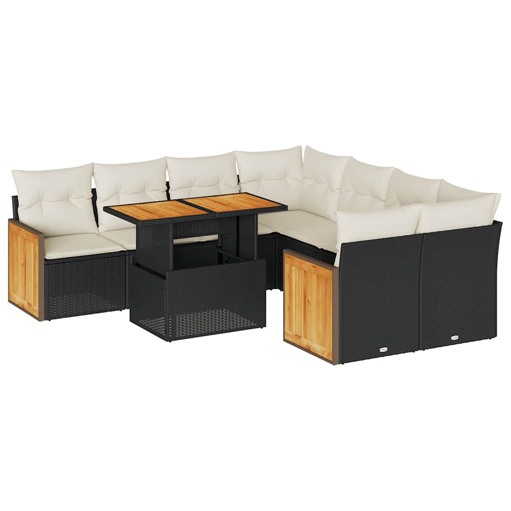 Set Divani da Giardino 9 pz con Cuscini Nero Polyrattan Acacia | homemem39
