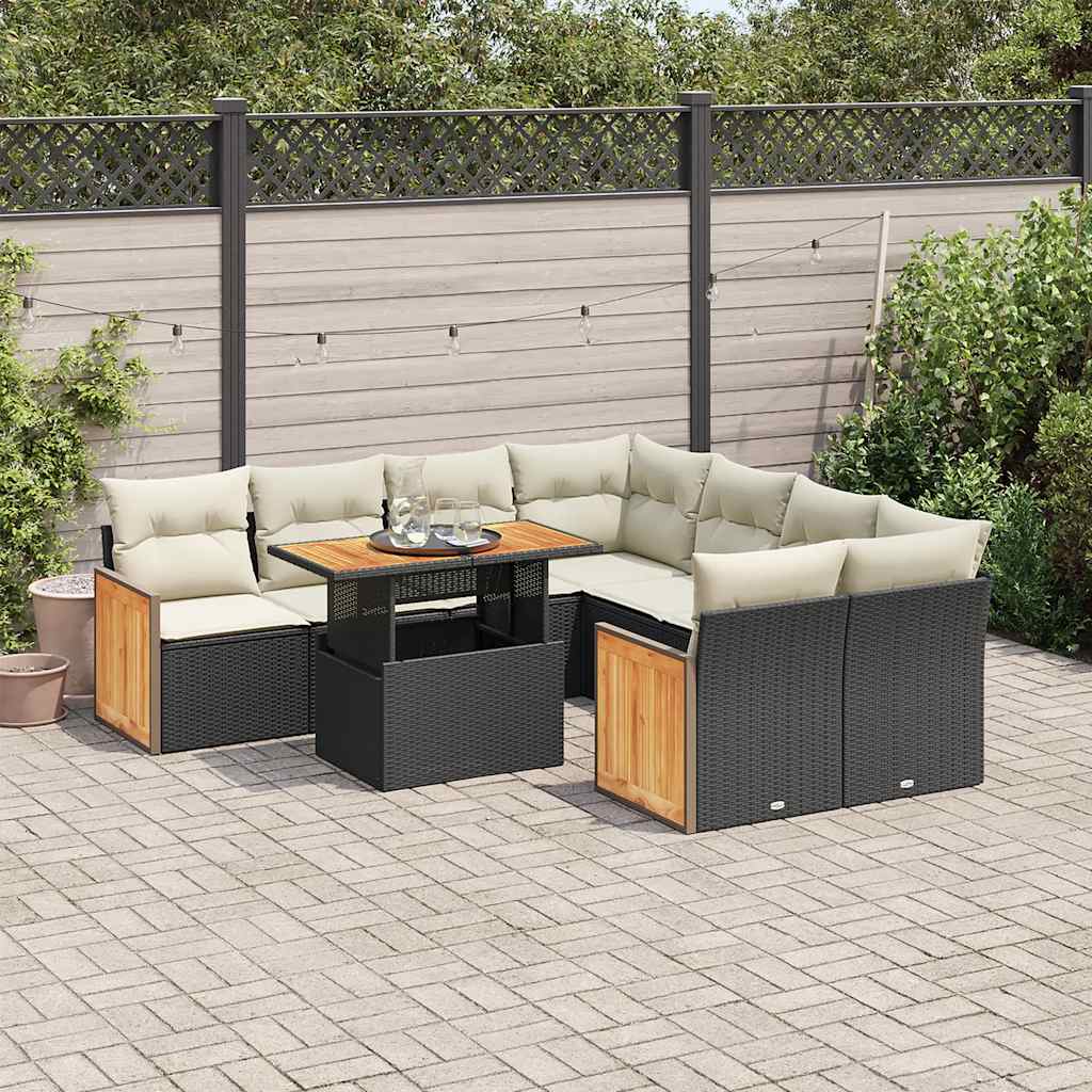 Set Divani da Giardino 9 pz con Cuscini Nero Polyrattan Acacia | homemem39