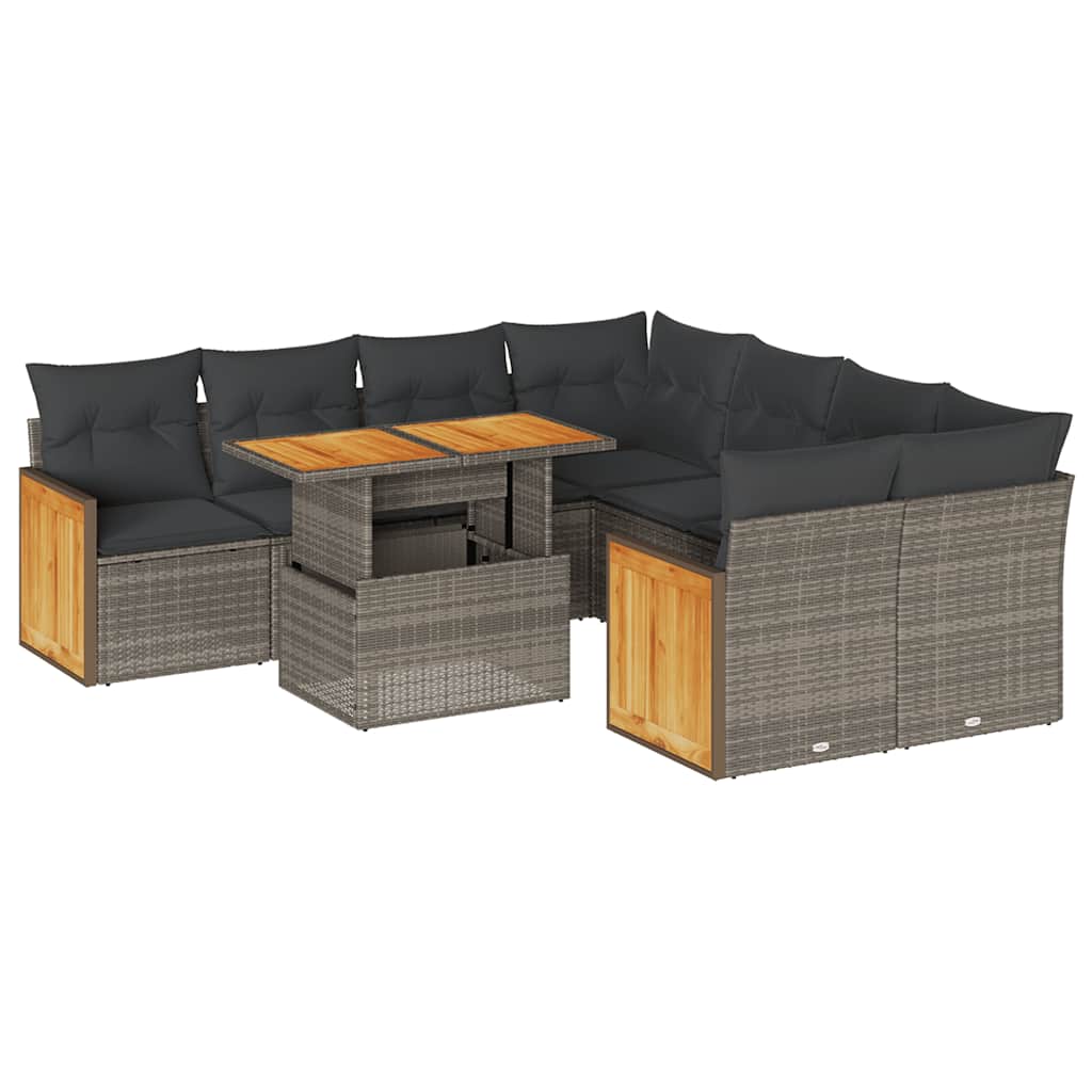 Set Divano da Giardino 9pz con Cuscini Grigio Polyrattan Acacia
