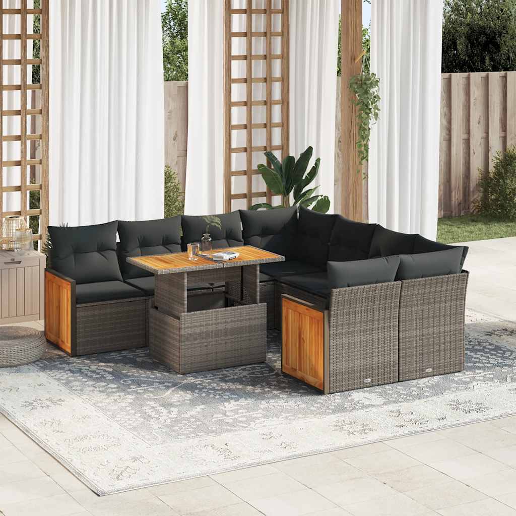Set Divano da Giardino 9pz con Cuscini Grigio Polyrattan Acacia | homemem39