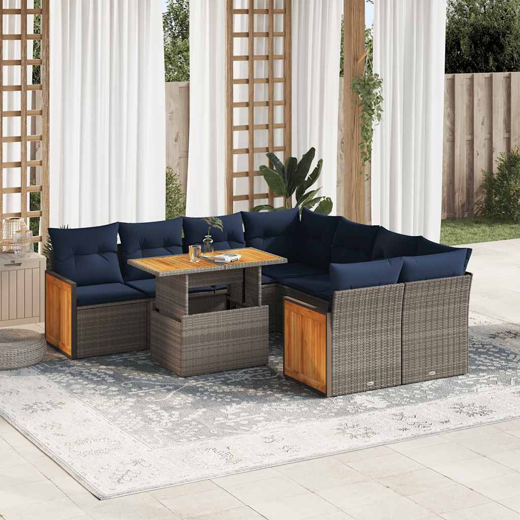 Set Divano da Giardino 9pz con Cuscini Grigio Polyrattan Acacia | homemem39