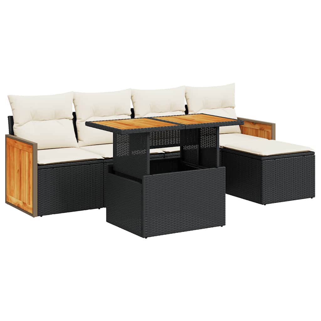 Set Divano da Giardino 6 pz con Cuscini Nero Polyrattan Acacia | homemem39