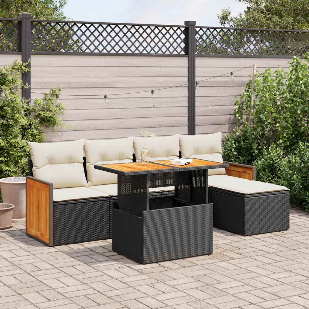 Set Divano da Giardino 6 pz con Cuscini Nero Polyrattan Acacia | homemem39
