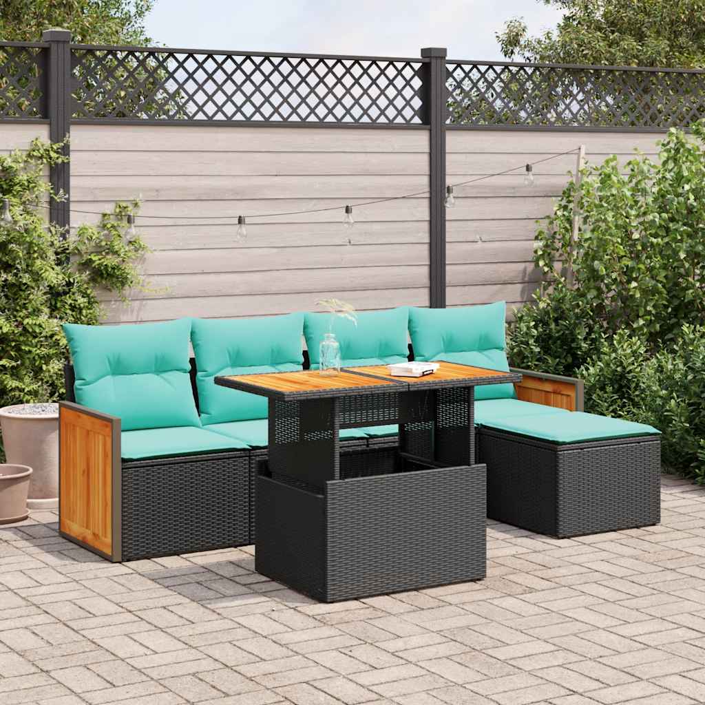 Set Divano da Giardino 6 pz con Cuscini Nero Polyrattan Acacia | homemem39