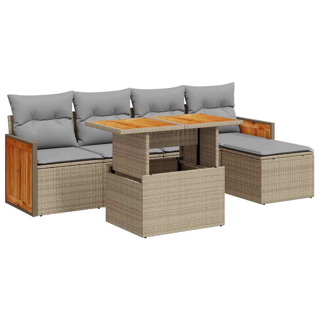 Set Divano da Giardino 6 pz con Cuscini Beige Polyrattan Acacia | homemem39