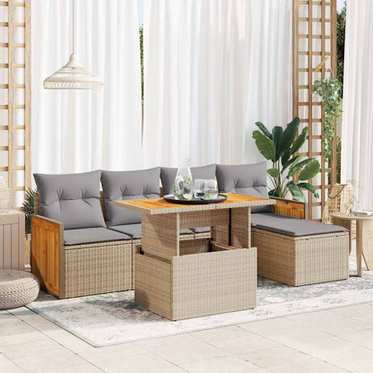 Set Divano da Giardino 6 pz con Cuscini Beige Polyrattan Acacia