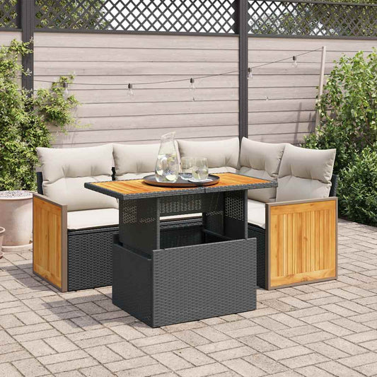Set Divani da Giardino 5 pz con Cuscini Nero Polyrattan Acacia