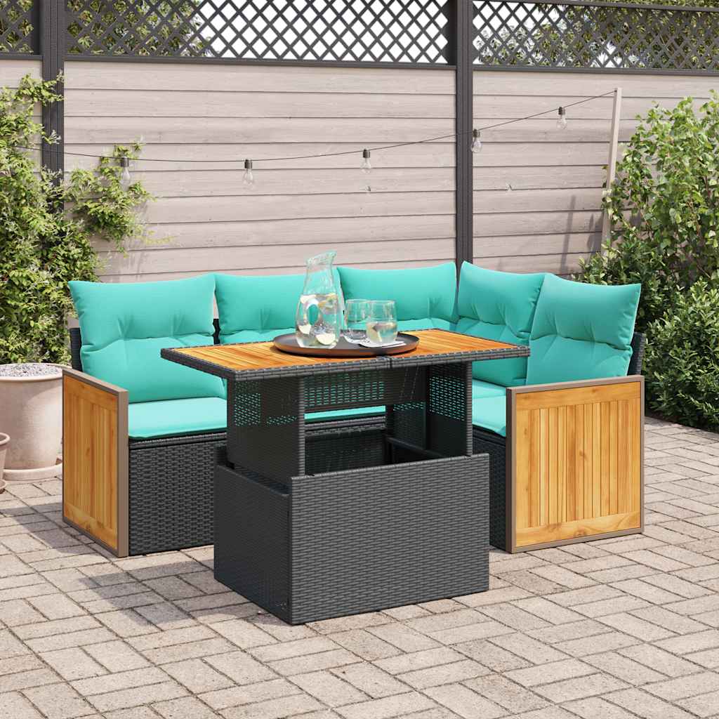 Set Divani da Giardino 5 pz con Cuscini Nero Polyrattan Acacia | homemem39