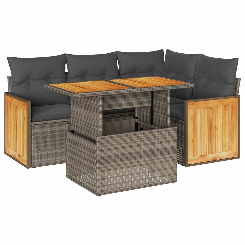 Set Divano Giardino 5 pz con Cuscini Grigio Polyrattan Acacia