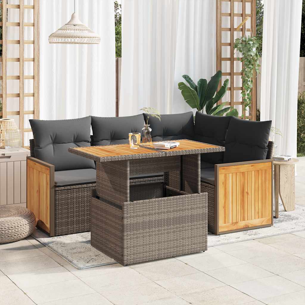 Set Divano Giardino 5 pz con Cuscini Grigio Polyrattan Acacia