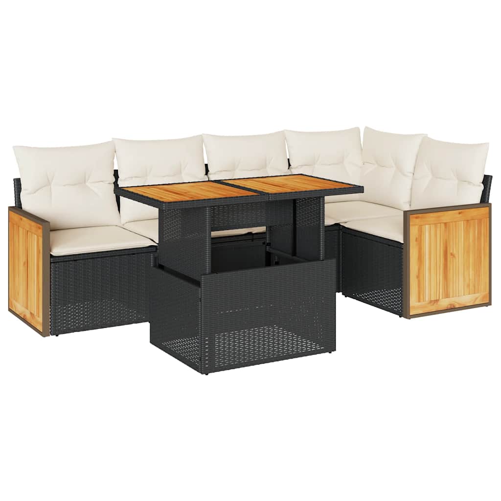 Set Divano da Giardino 6 pz con Cuscini Nero Polyrattan Acacia | homemem39