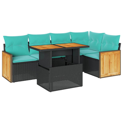 Set Divano da Giardino 6 pz con Cuscini Nero Polyrattan Acacia | homemem39