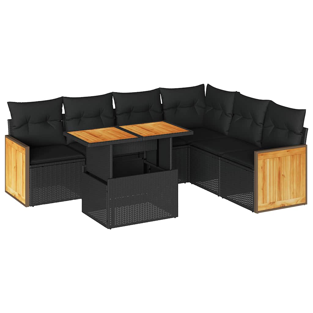 Set Divani da Giardino con Cuscini 7pz Nero Polyrattan Acacia - homemem39