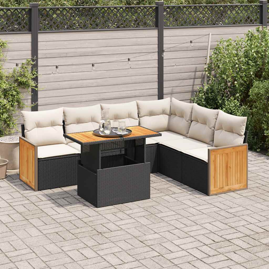 Set Divani da Giardino con Cuscini 7pz Nero Polyrattan Acacia | homemem39