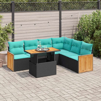 Set Divani da Giardino con Cuscini 7pz Nero Polyrattan Acacia | homemem39