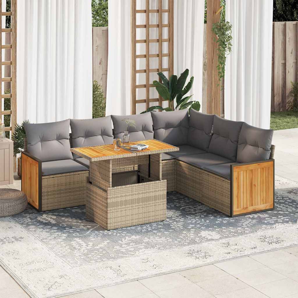 Set Divani da Giardino 7 pz con Cuscini Beige Polyrattan Acacia | homemem39