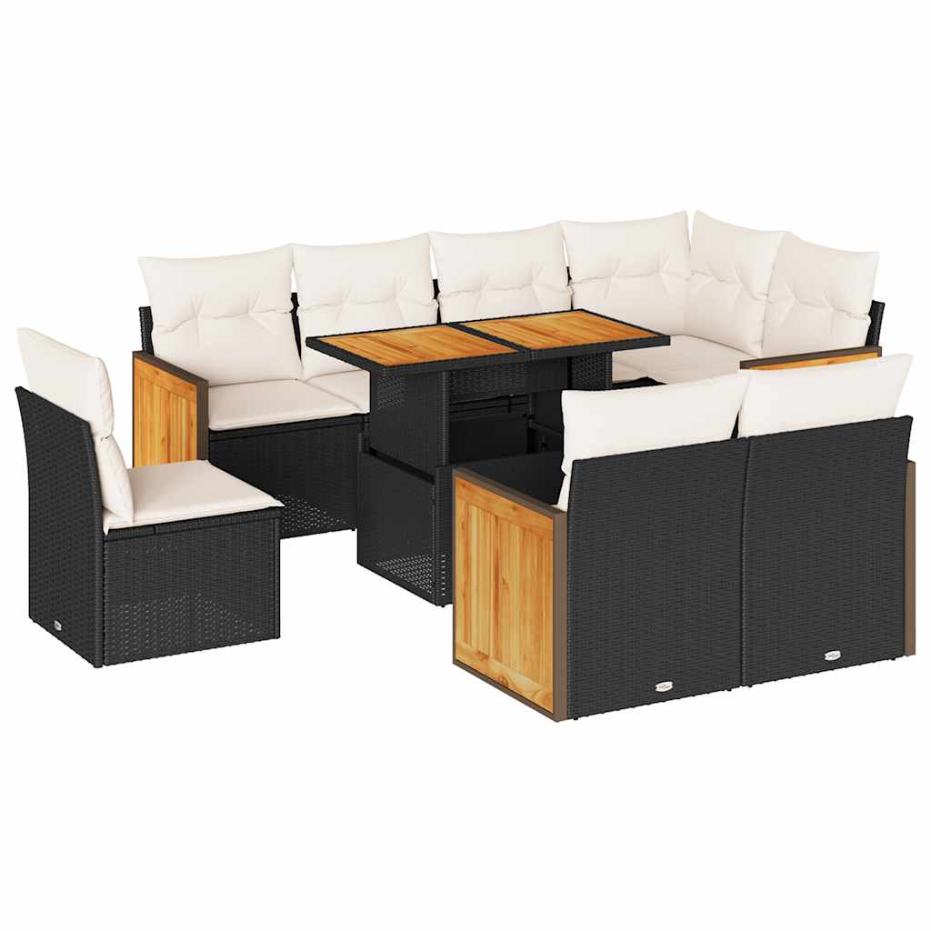 Set Divani da Giardino 9 pz con Cuscini Nero Polyrattan Acacia | homemem39