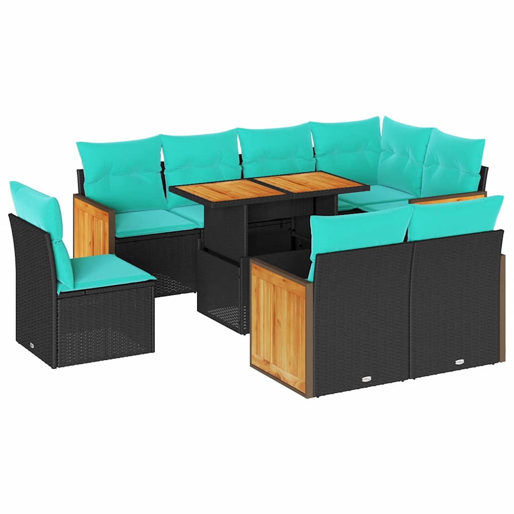 Set Divani da Giardino 9 pz con Cuscini Nero Polyrattan Acacia | homemem39