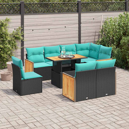 Set Divani da Giardino 9 pz con Cuscini Nero Polyrattan Acacia | homemem39