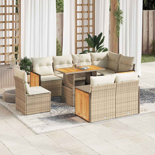 Set Divano da Giardino 9 pz con Cuscini Beige Polyrattan Acacia - homemem39