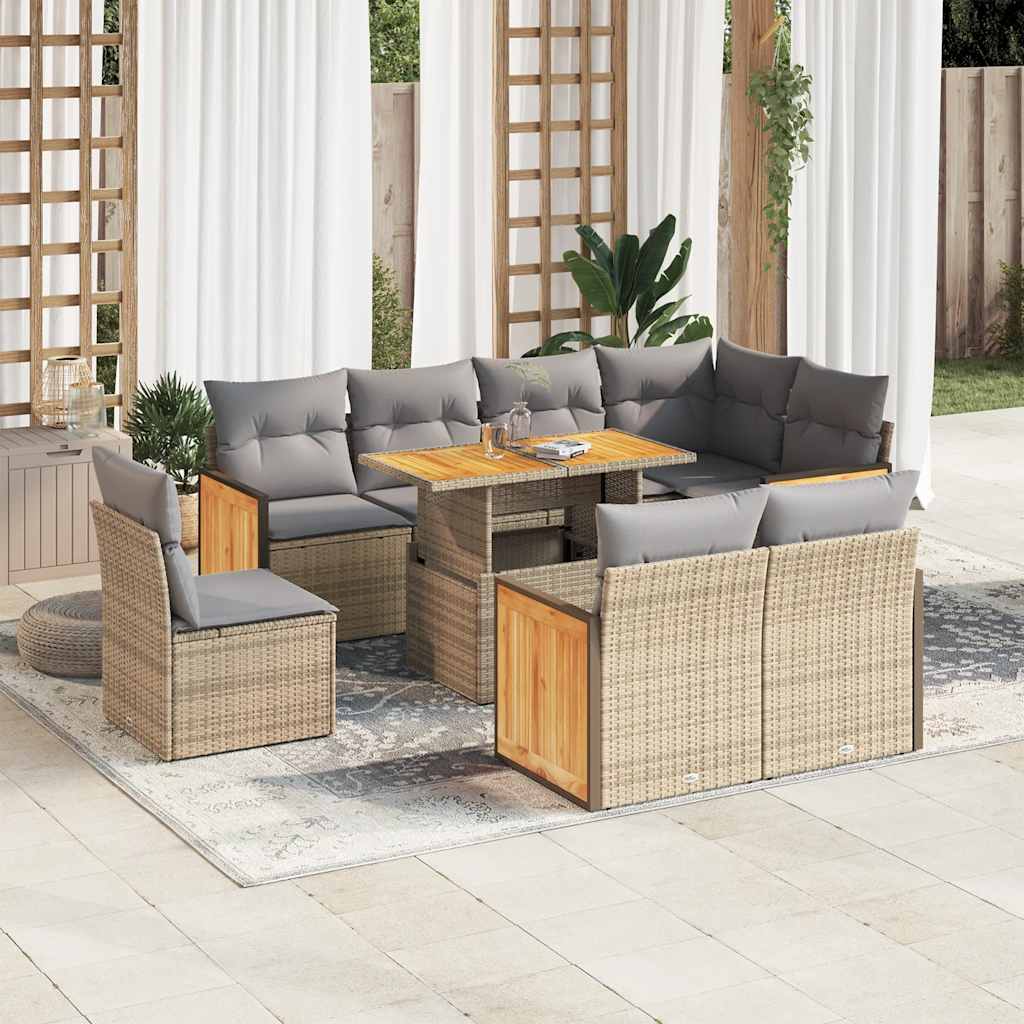 Set Divano da Giardino 9 pz con Cuscini Beige Polyrattan Acacia | homemem39