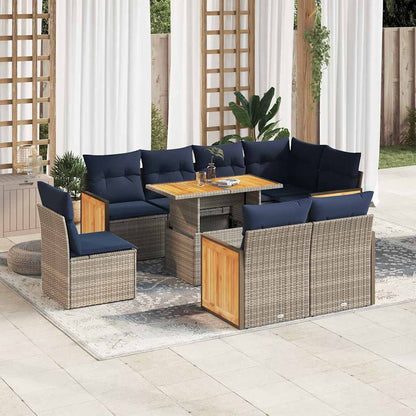 Set Divano da Giardino 9pz con Cuscini Grigio Polyrattan Acacia | homemem39