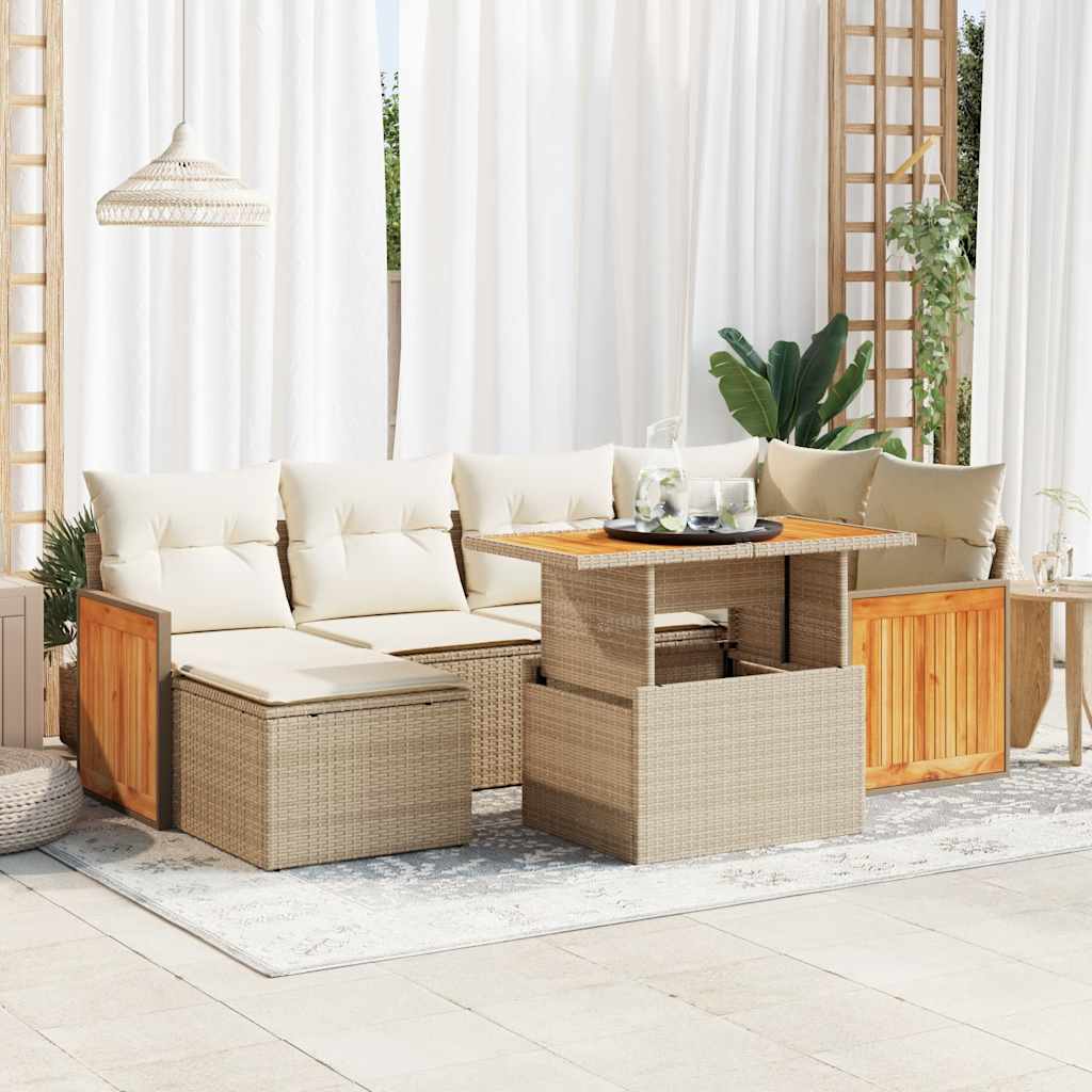 Set Divani da Giardino 7 pz con Cuscini Beige Polyrattan Acacia | homemem39
