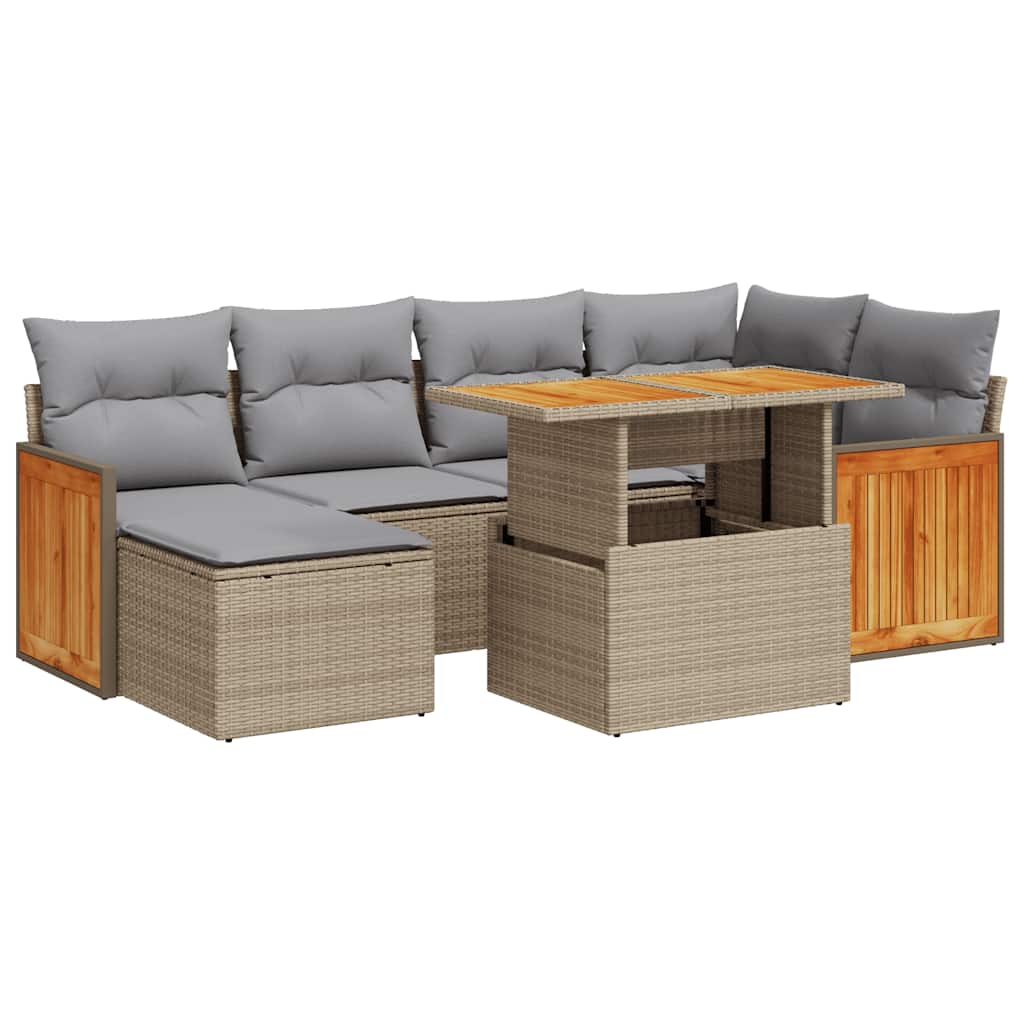 Set Divani da Giardino 7 pz con Cuscini Beige Polyrattan Acacia | homemem39