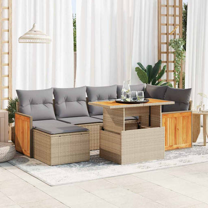 Set Divani da Giardino 7 pz con Cuscini Beige Polyrattan Acacia | homemem39
