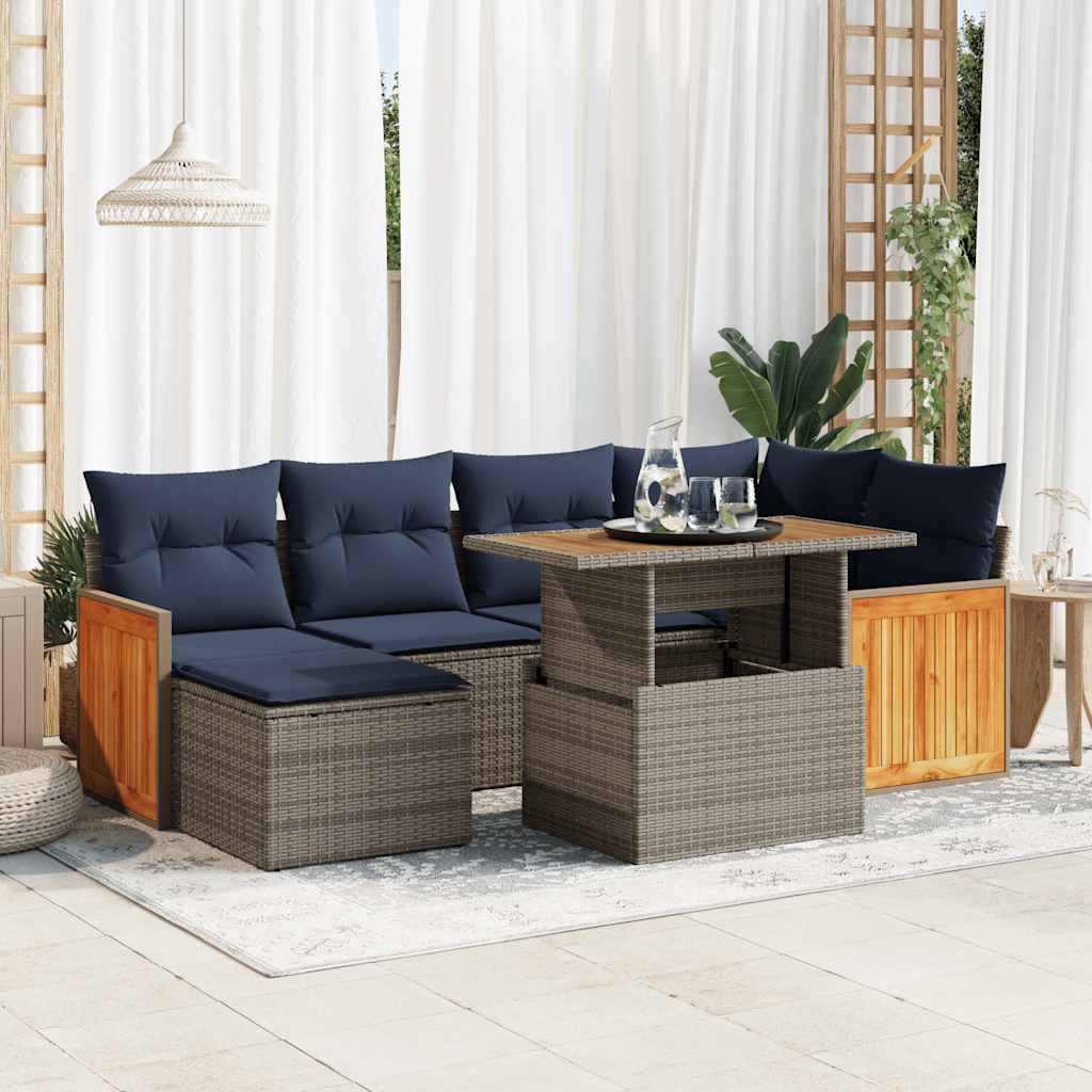 Set Divani da Giardino con Cuscini 7pz Nero Polyrattan Acacia - homemem39